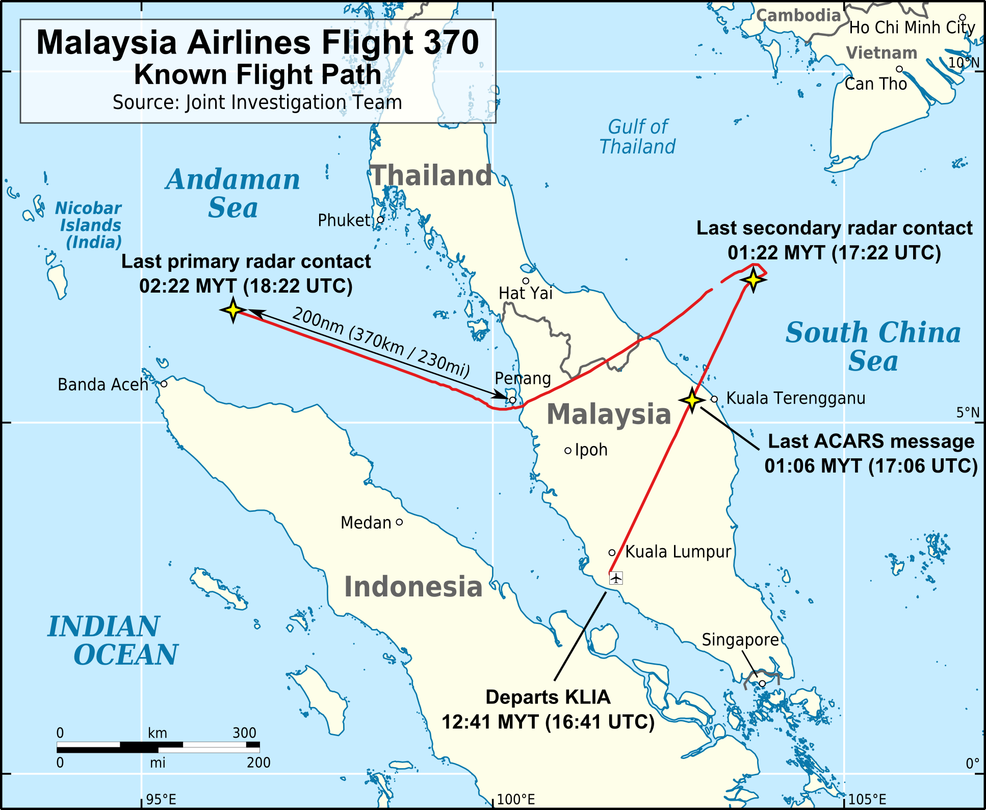 Map showing known flight path of Malaysian Flight MH370 before losing contact with radar.